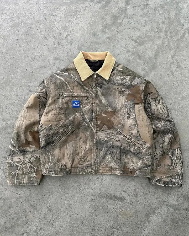 Retro Camo Jacket Y2K Coats Mens Womens Harajuku Hip Hop Leaf Camo Oversized Jacket V Neck Long Sleeve Zipper Clothing 250103