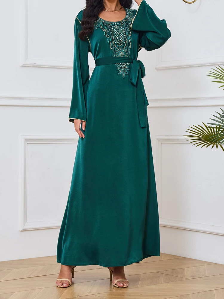 Lanmrem Elegant Party Long Dress Womens Diamond Splicing Round Neck Loose Dress Fashion 2025 Spring Style 32C721 250103