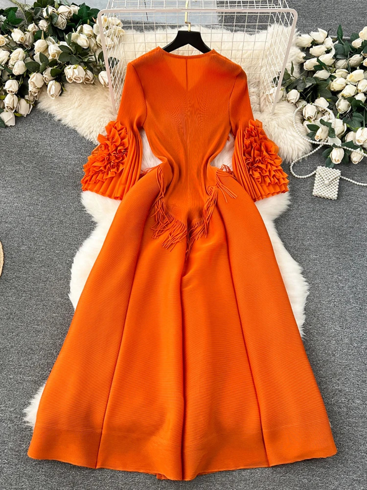 XFPV Women Tassel High Waist Mid Length A-line Dresses V-Neck Flare Sleeve Draped Slim Fit Vestidos Spring Summer 2025 SM10768 250103