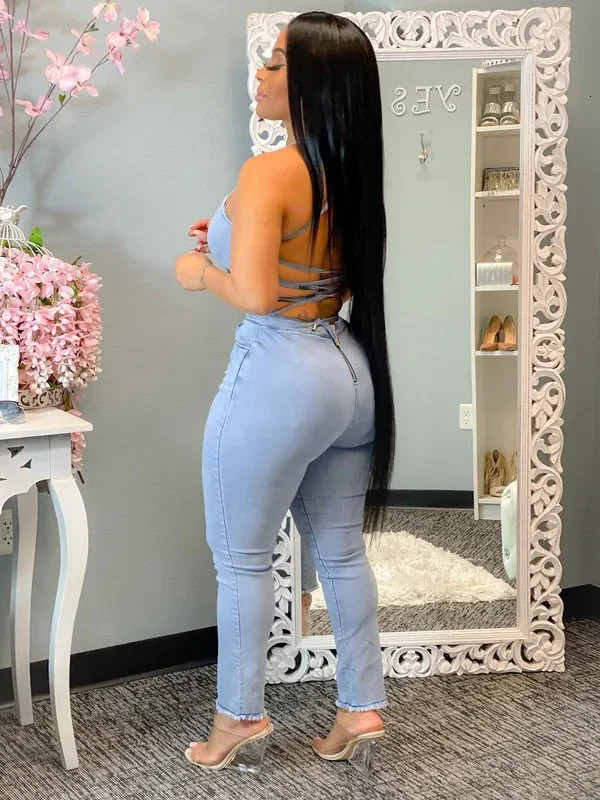 Womens Stylish Solid Color Denim Romper Casual Slim-fit and Backless Bandage Denim Romper Hang Neck Sleeveless Jumpsuit 241230
