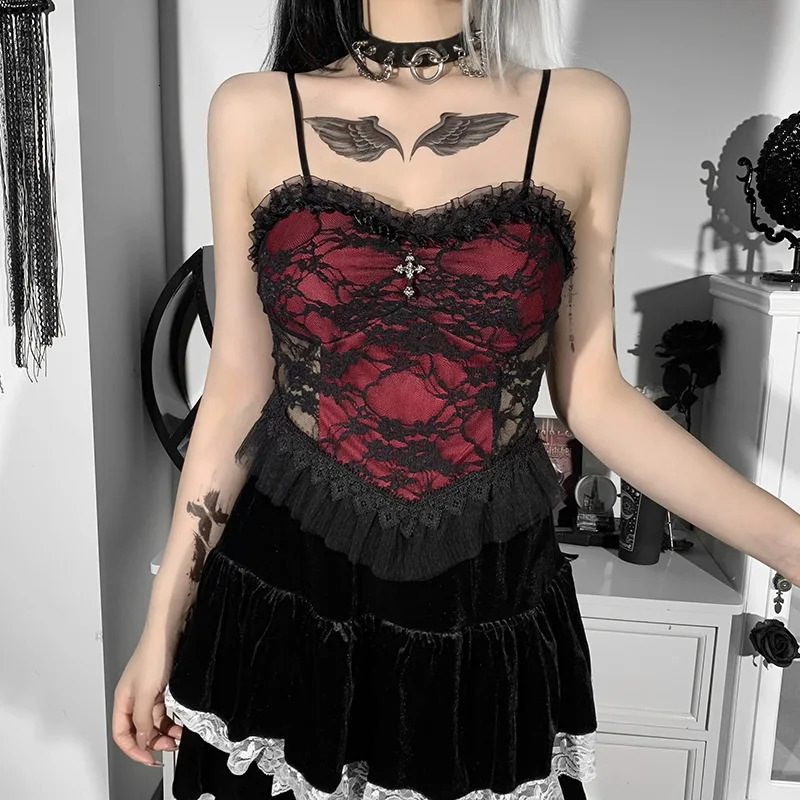 Goth Cross Print Lace Bodycon Crop Top Camis Sexy Y2K Aesthetic Black Red Basic Corset Tank Womens Summer Dress 250103