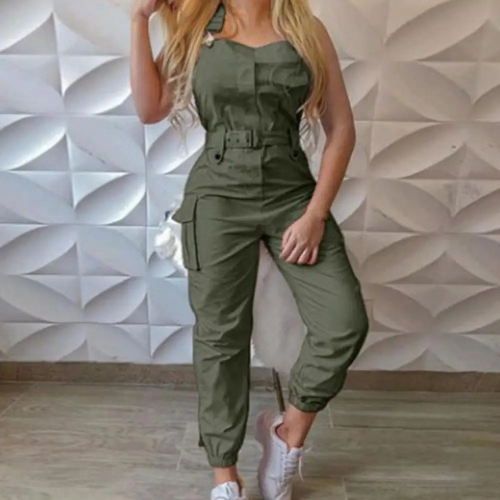 Women Bodycon Jumpsuit High Waist Halter Cargo Jumpsuit Summer Slim Trendy Casual Pocket Halter Overall Women Pants monos mujer 241230