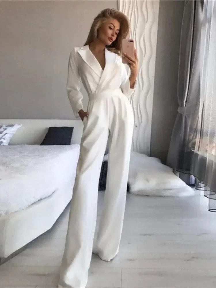 2025 Spring Jumpsuit Women Mid Waist Elegant Commuting Long Sleeve Suit Overalls Wide Leg Pant Casual Solid Waist Jumpsuit 241230