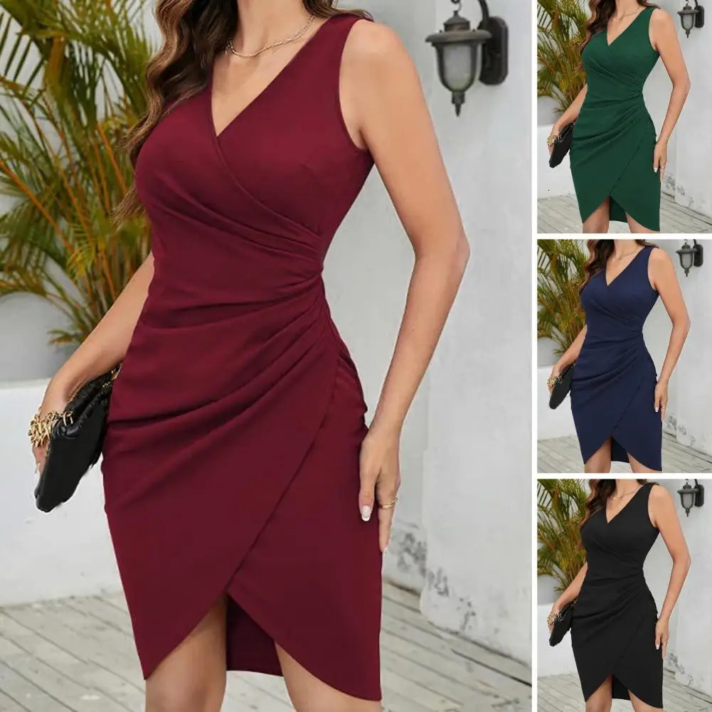 Women Dress V Neck Pleated High Tight Waist Slim Sleeveless Irregular Hem Cocktail Dresses Ruched Bodycon Party Evening 250103