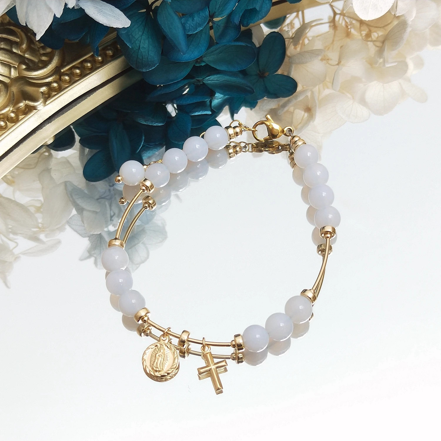 Lii Ji Blue Lace Agate Bracelet Natural Stone 2-6mm 14K Gold Filled Charm Bracelet Handmade Jewelry 250102