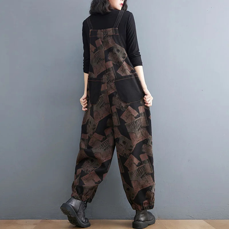 #1433 Denim Jumpsuit Women Rompers Loose Straight Harem Jeans Jumpsuits Femme Big Pockets Loose Printed Long Jumpsuits Vintage 241230