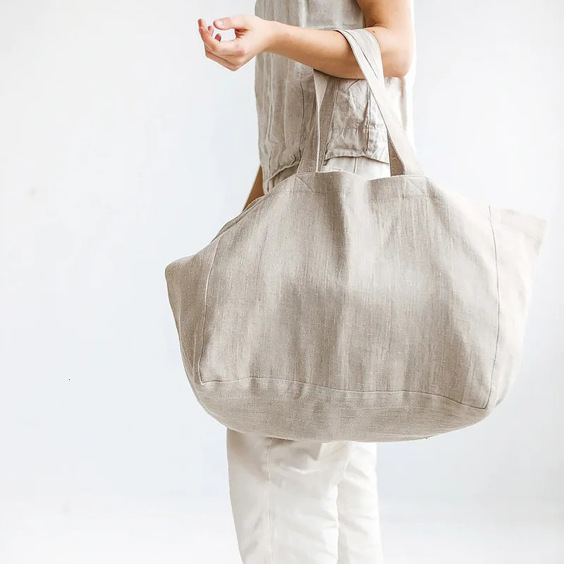 Casual Linen Shopping Bags For Women Reusable Sundries Bags Foldable Female Travel Beach Shoulder Bags Large Handbags 250102