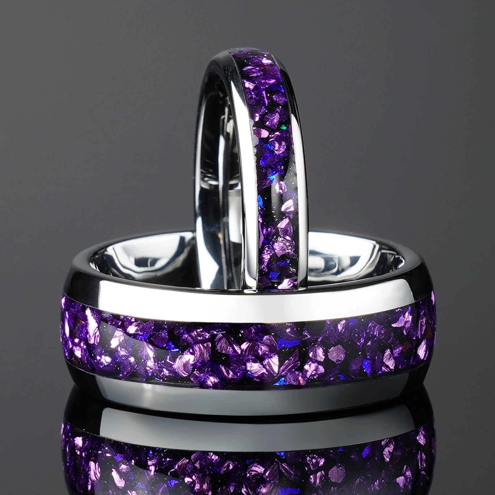 4/8mm Nebula Amethyst Silver Couple set Tungsten Ring Wedding Engagement Band For Him And Her 250103