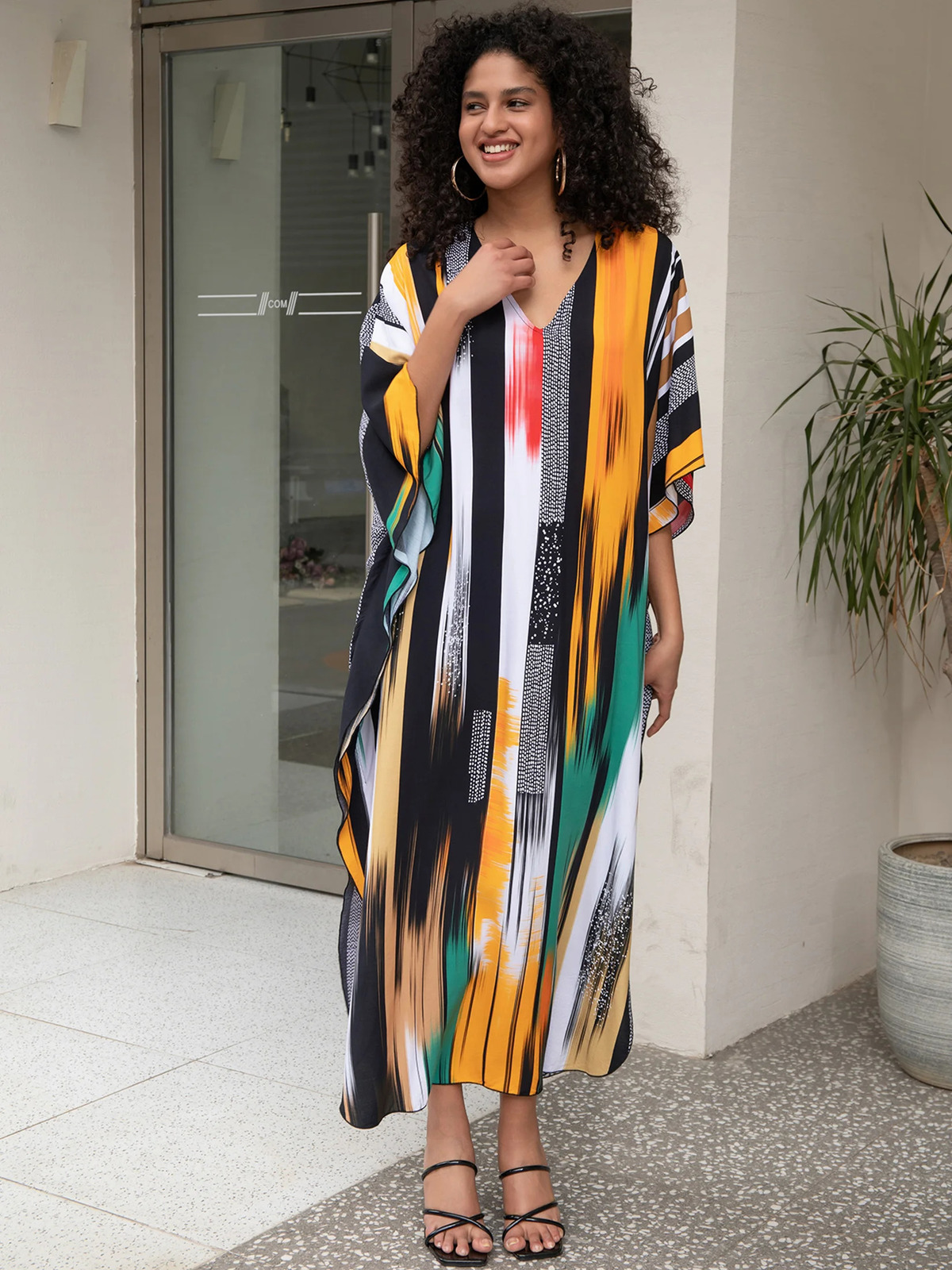 striped print Summe beach dress womens clothing Bohemian V-neck batwing sleeves Kaftan vacation Moo dress Q1638 250103