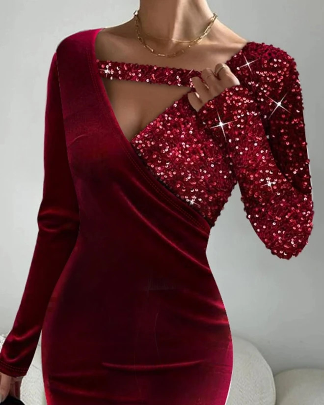 Womens Party Dress 2024 Summer Contrasting Sequin Velvet Patchwork Long Sleeve Asymmetrical Collar Elegant Evening 250103