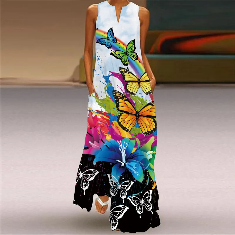 Fashionable V-neck printed sleeveless womens Maxi dress summer casual loose straight beach long dress womens Sundress womens Vestidos 250103