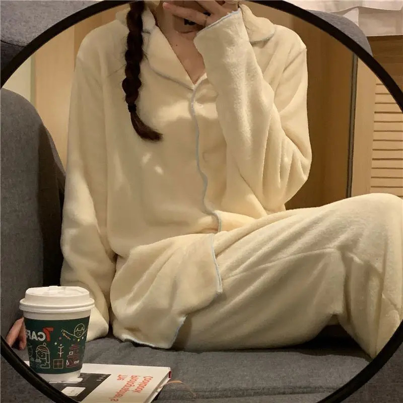 Flannel Womens Pajamas Sets Casual Autumn Winter Sleepwear Velvet Pyjama Ladies Cardigan Simple Bedroom Soft Warm Home Clothes 250103