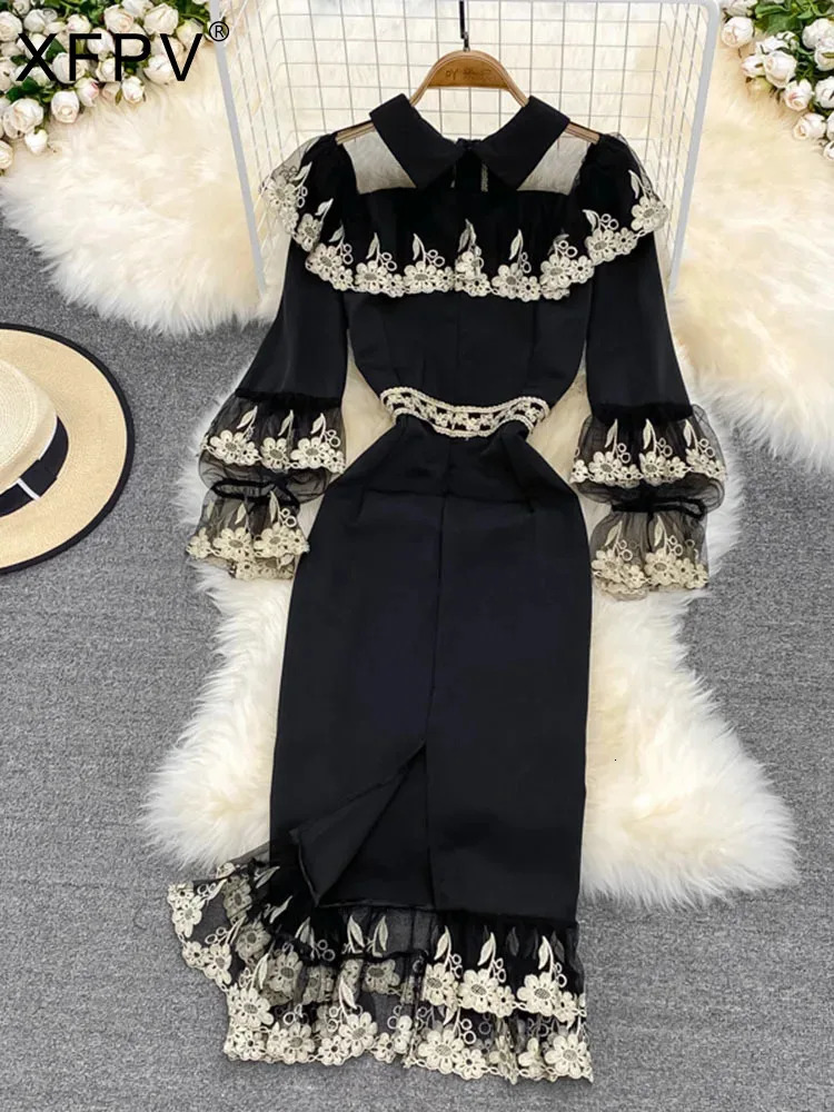 XFPV Elegant Fashionable Womens Contrast Embroidered Patchwork High Waist Fishtail Skirt 2025 Autumn Dress SN3863 250103