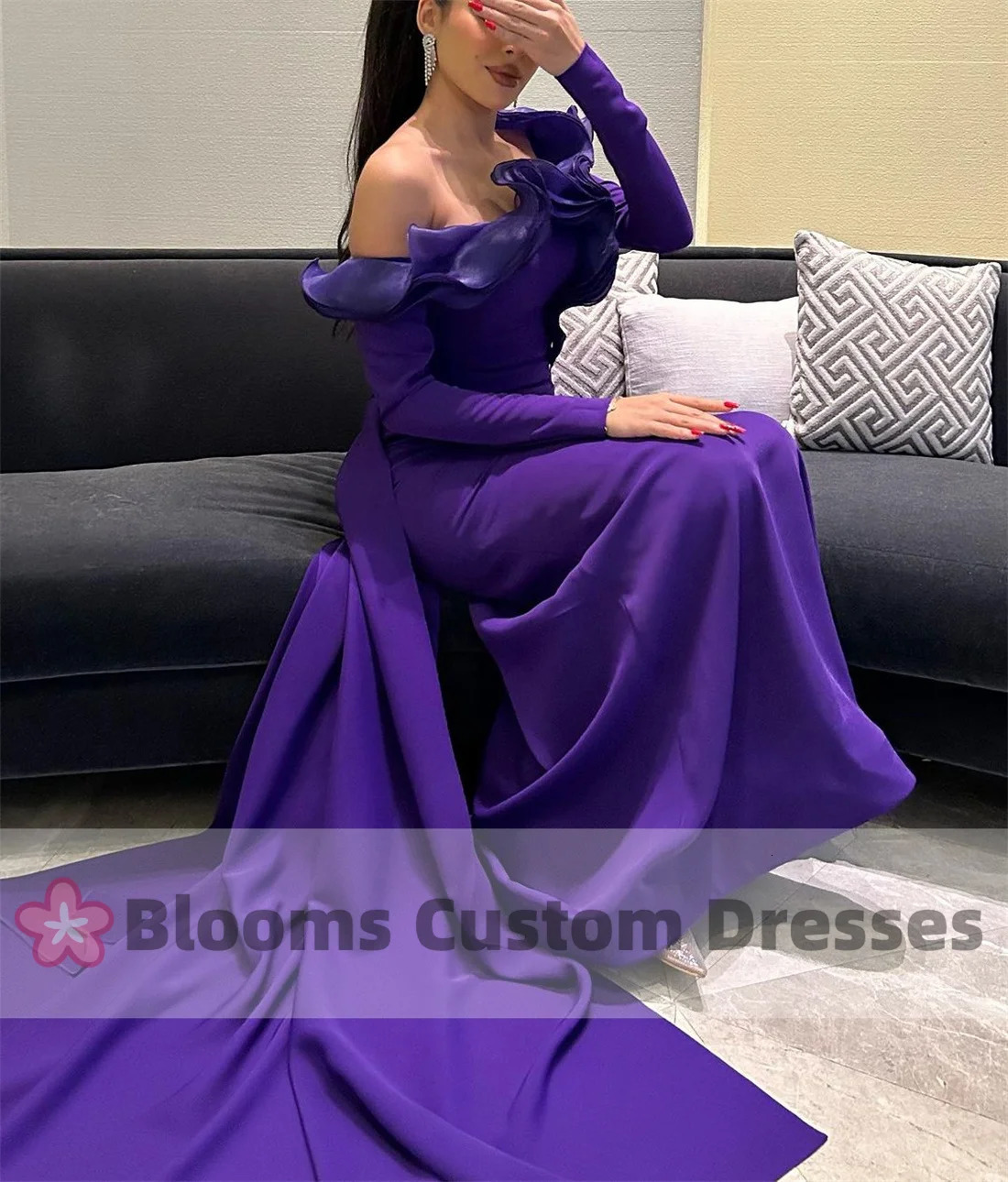 Blooms Purple Shoulder Long Sleeve Customized Evening Dress Used for Special Occasion Ruffle Party Dress Post Train Ball Dress 250103