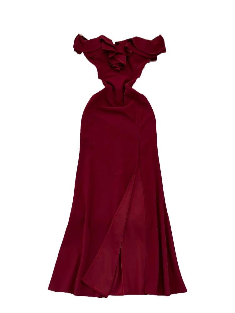 XFPV Women High Waiste Ruffles Temperament A-line Dresses Strapless Slash Neck Solid Color Vestidos Spring Summer 2025 SM9724 250103