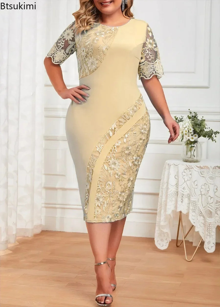 2025 Womens Summer Lace Dress Plus Short Sleeve Splicing Round Neck Slimming Casual Dress Womens Elegant Tank Top 5XL 250103