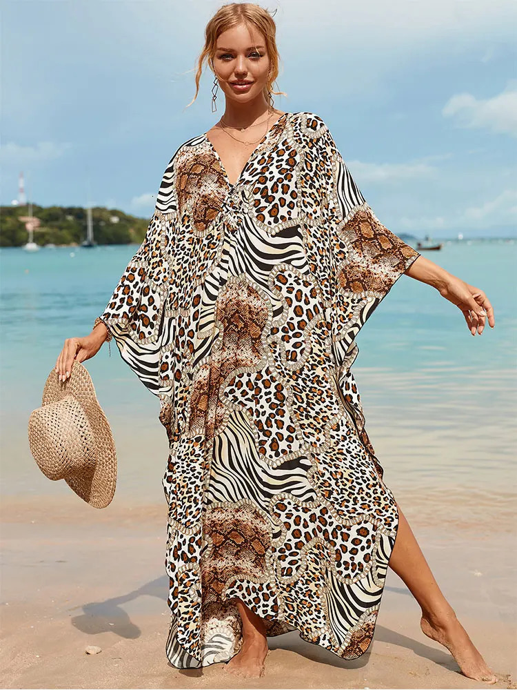 Bohe print loose beach dress casual V-neck batwing sleeve side split long skirt womens summer clothing long Kafotan Q1297 250103