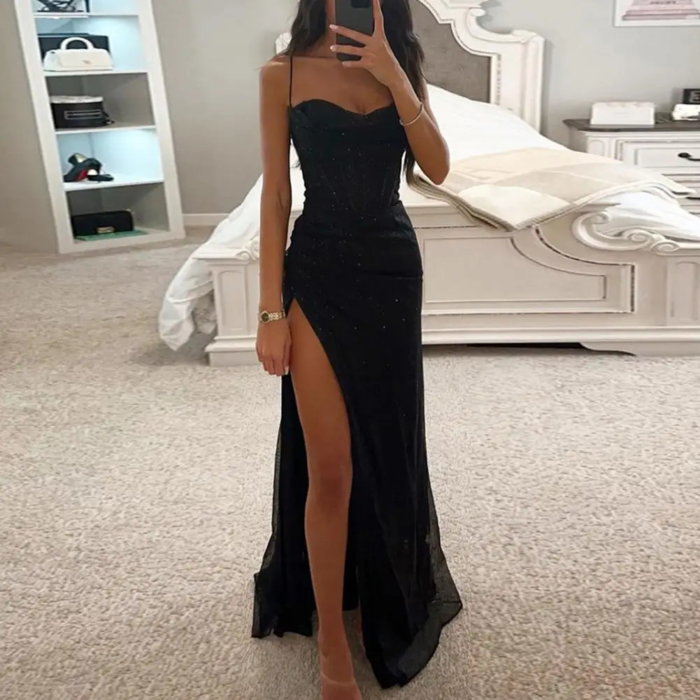 Versatile Party Dress Elegant Sequin Spaghetti Strap Evening with Off Shoulder High Split for Womens Prom Floor Length 250103