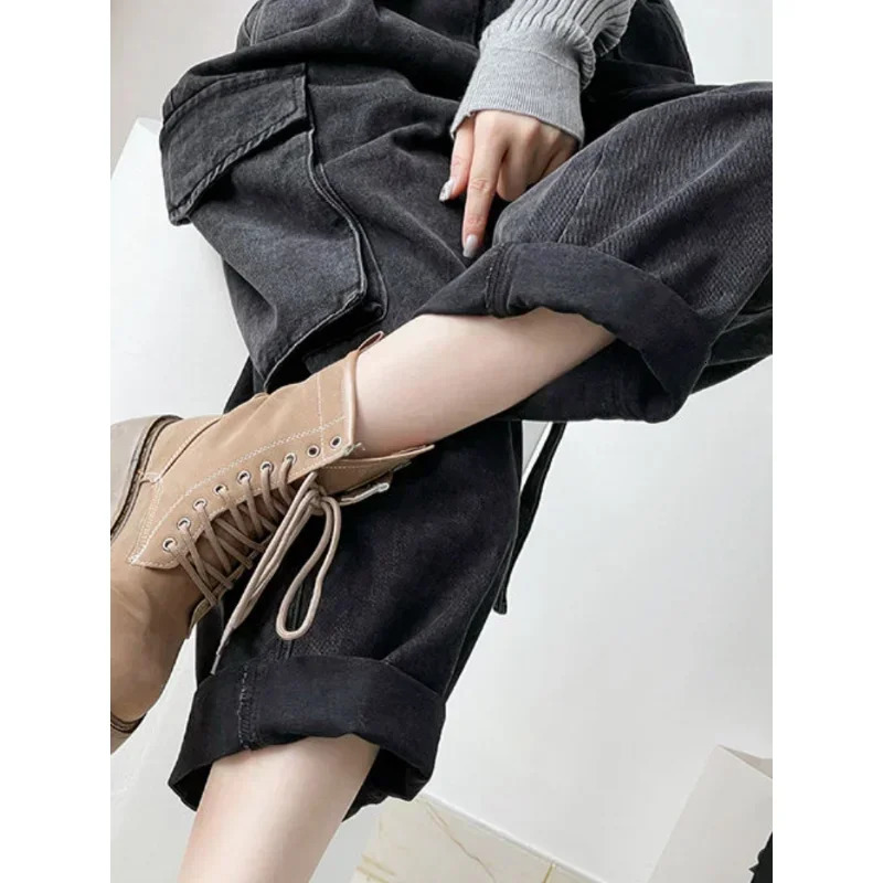 Denim Jumpsuits Women High Waisted Cargo Trousers American Streetwear Teens Personal Hipsters Pure Big Pockets Washed Clothes 241230