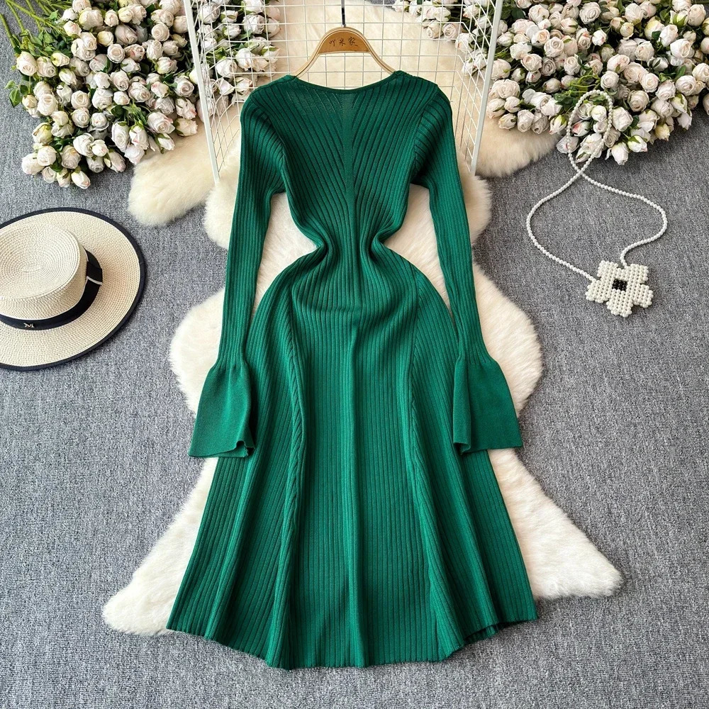 Elegant Knitted Long Dress Women Flare Sleelve V Neck Ruffles Solid Bodycon Dresses Party Fashion Office Lady Vestidos 250103