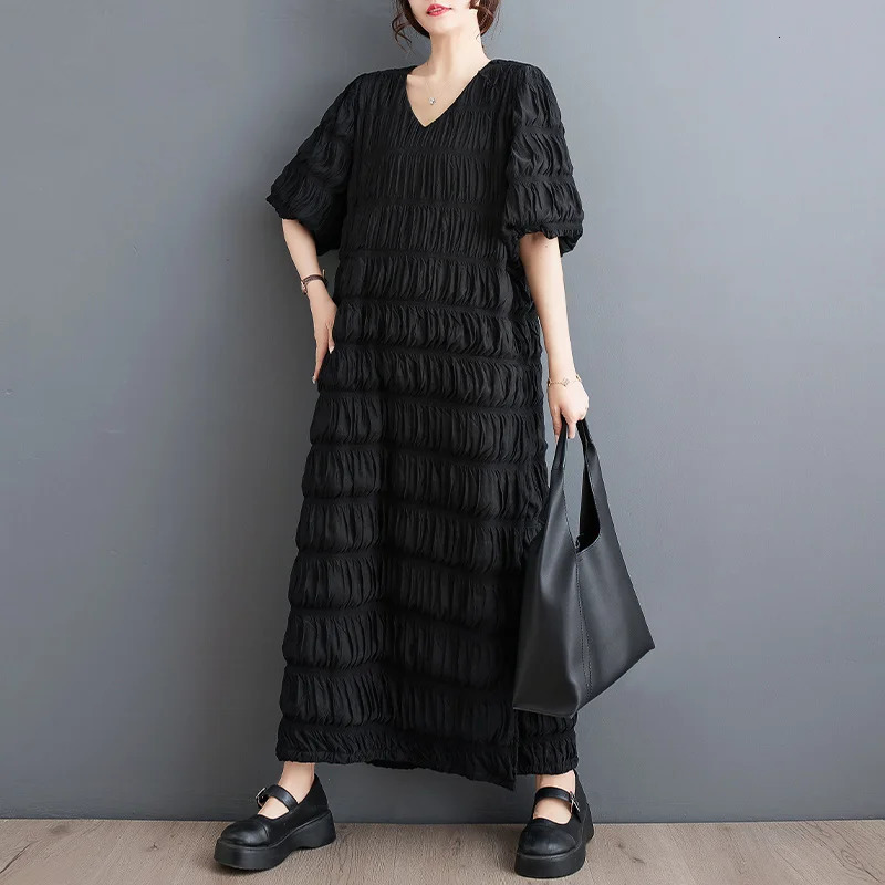 Wxw0207 summer pleated long skirt with puff sleeves loose ankle length office straight dress womens Vestdos V-neck retro womens dress 250103