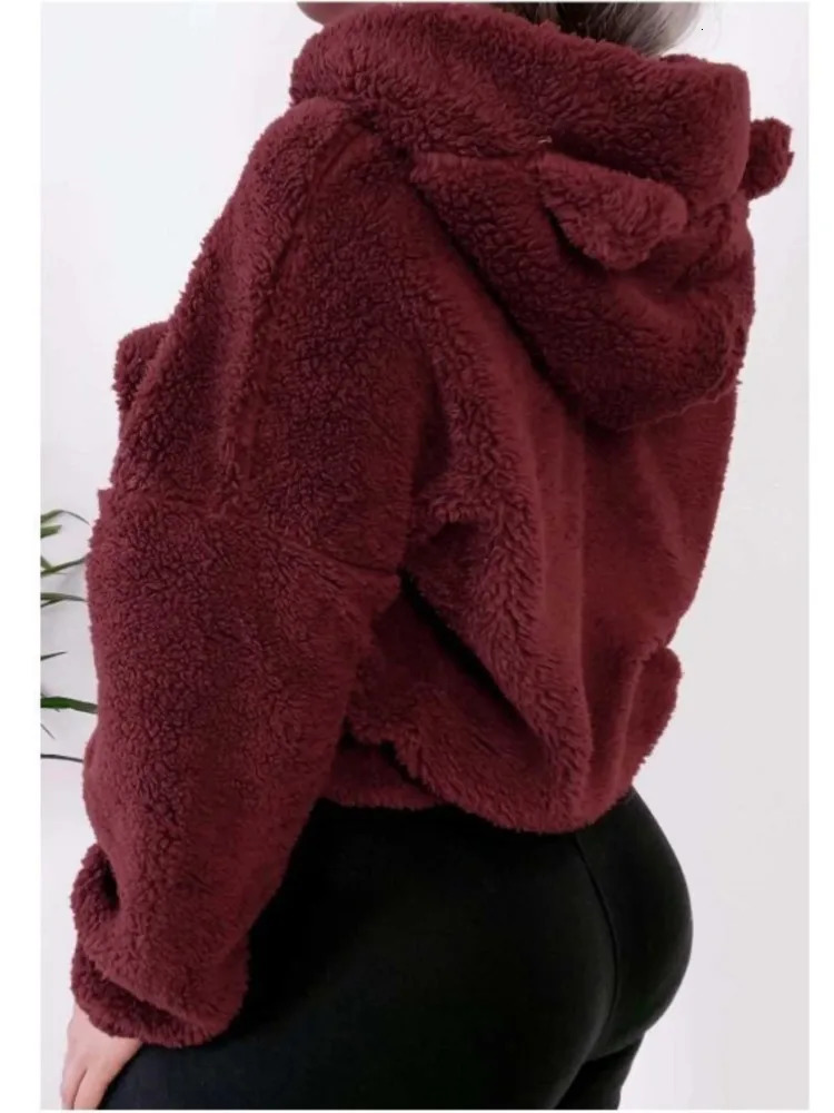 Autumn Winter Longsleeved Bear Ears Hat Solid Color Plush Sweatshirt Women Fashion Loose Short Casual Style Pullover Female 250103