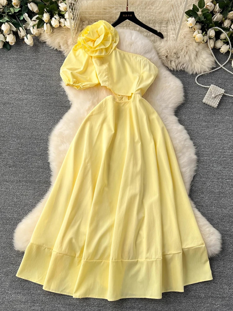 XFPV Women Sweet Temperament Party Dress Three-dimensional Flower Hollowed Out puff Sleeve Vestidos Fashion Summer 2025 SM11252 250103