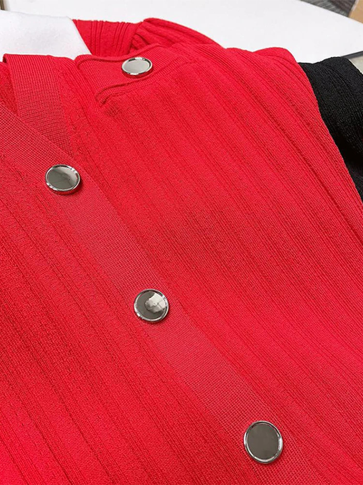 V-Neck Bubble Sleeved Knitted Beach Dresses Waist Cinched Hollowed Out Slimming Red Long Dress Single Breasted Button Women Robe 250102