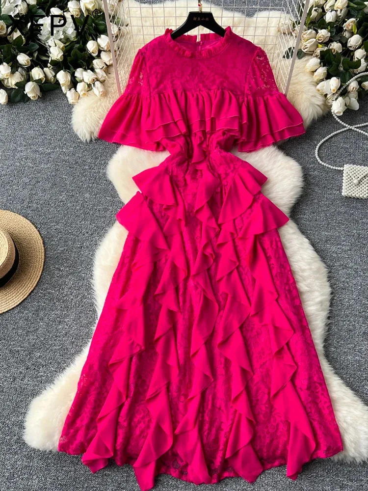 XFPV Women Spliced Round Neck Flared Sleeves High Waist Slim Lace Lotus Leaf Edge Dress Vestidos Y2k Fashion Spring Summer 2025 250103
