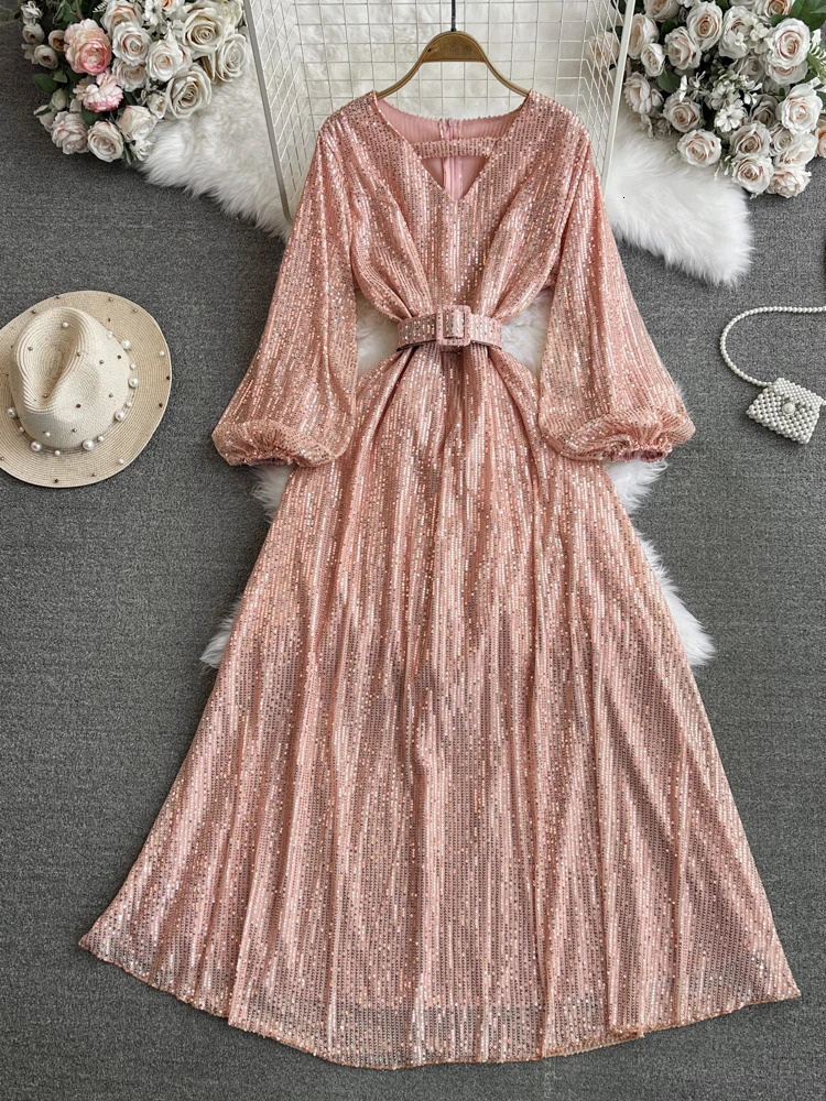 XFPV Women Light High Waist Sequins A-line Evening Dress O-Neck Lantern Sleeve Vestidos Spring Summer 2025 SM10185 250103