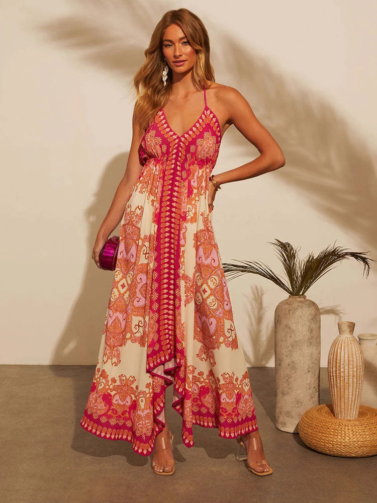 Womens summer V-neck camisole bohemian floral dress womens clothing red dress sexy womens clothing sun dress beach dress 250103