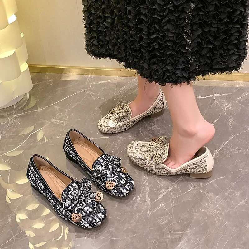 Women Bow Brand Loafers Print Random Square Heels Autumn New Fashion Ladies Casual Shoes Pumps atos Mujer