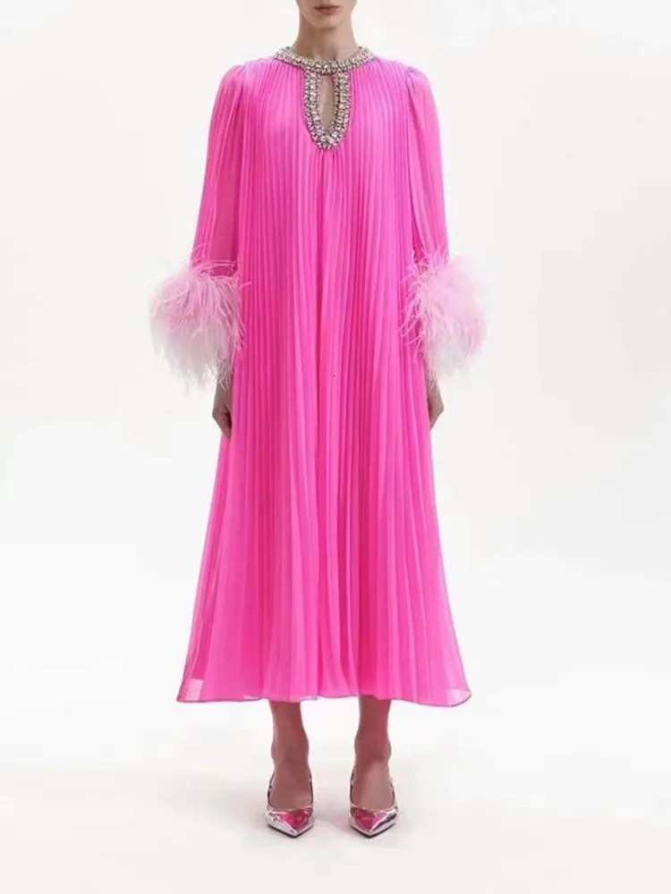 LANMREM 2025 Spring Womens Wear Diamond Splicing Collar Feather Long Sleeve Dress Elegant Clothing 32C1914 250103