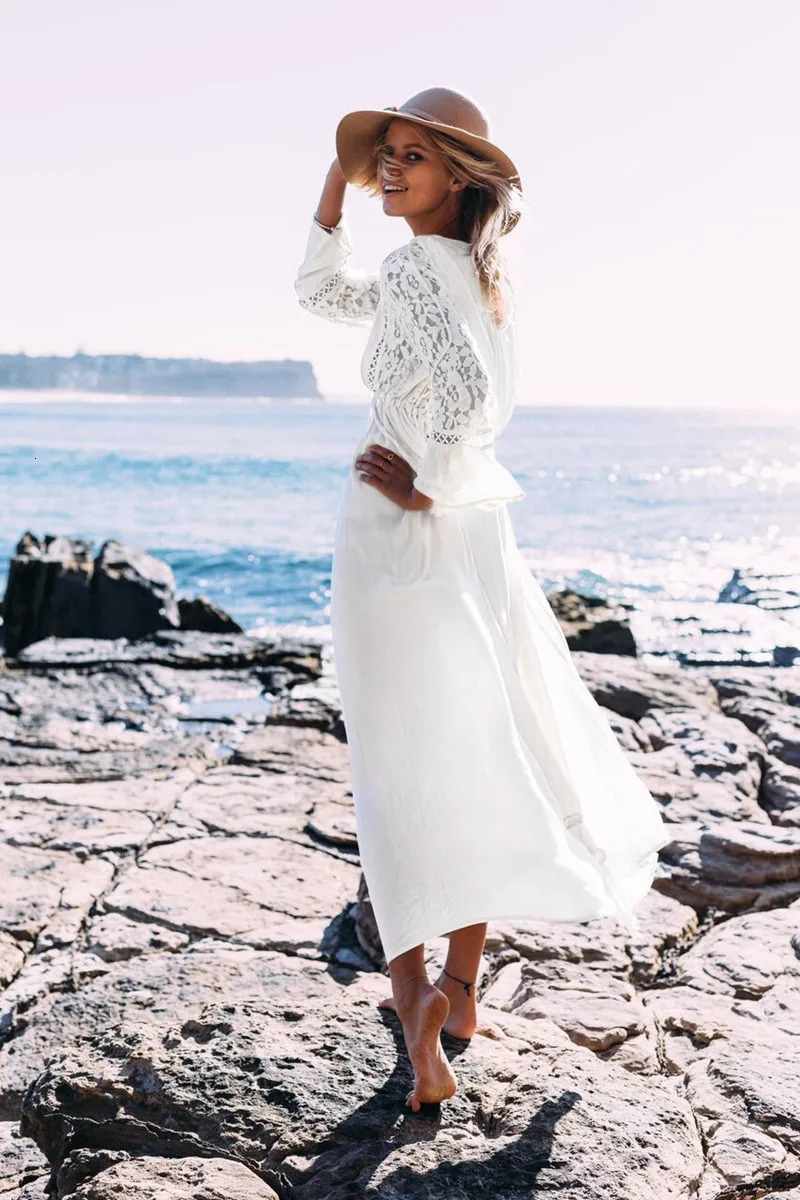 TEELYNN long sleeved beach dress retro lace white summer dress sexy deep V-neck long sleeved womens bohemian dress 250103