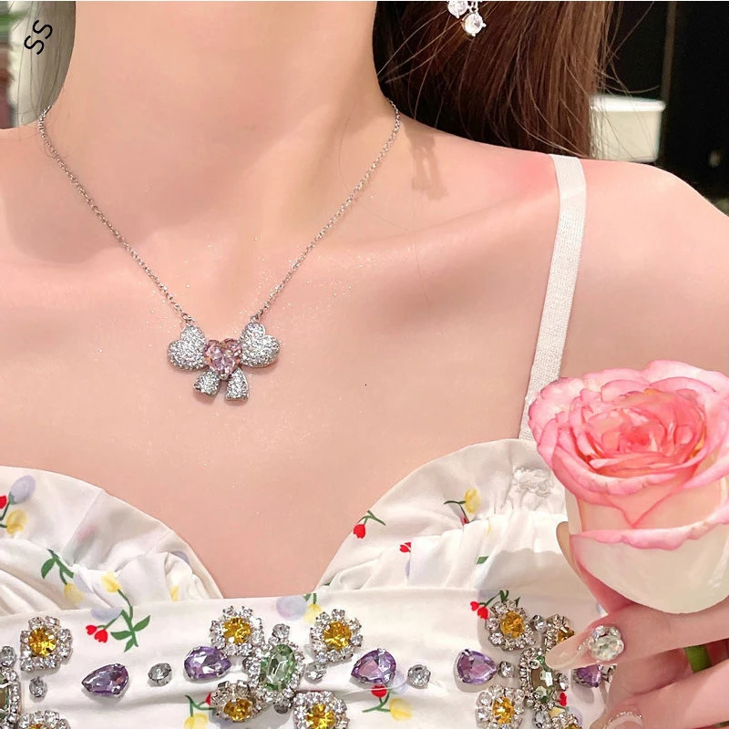 Romantic Shiny Pink Gems Zircon Jewelry Accessories Sweet Girl Necessary Sets Daily Wear Necklace Earring Open Ring for Date 250102