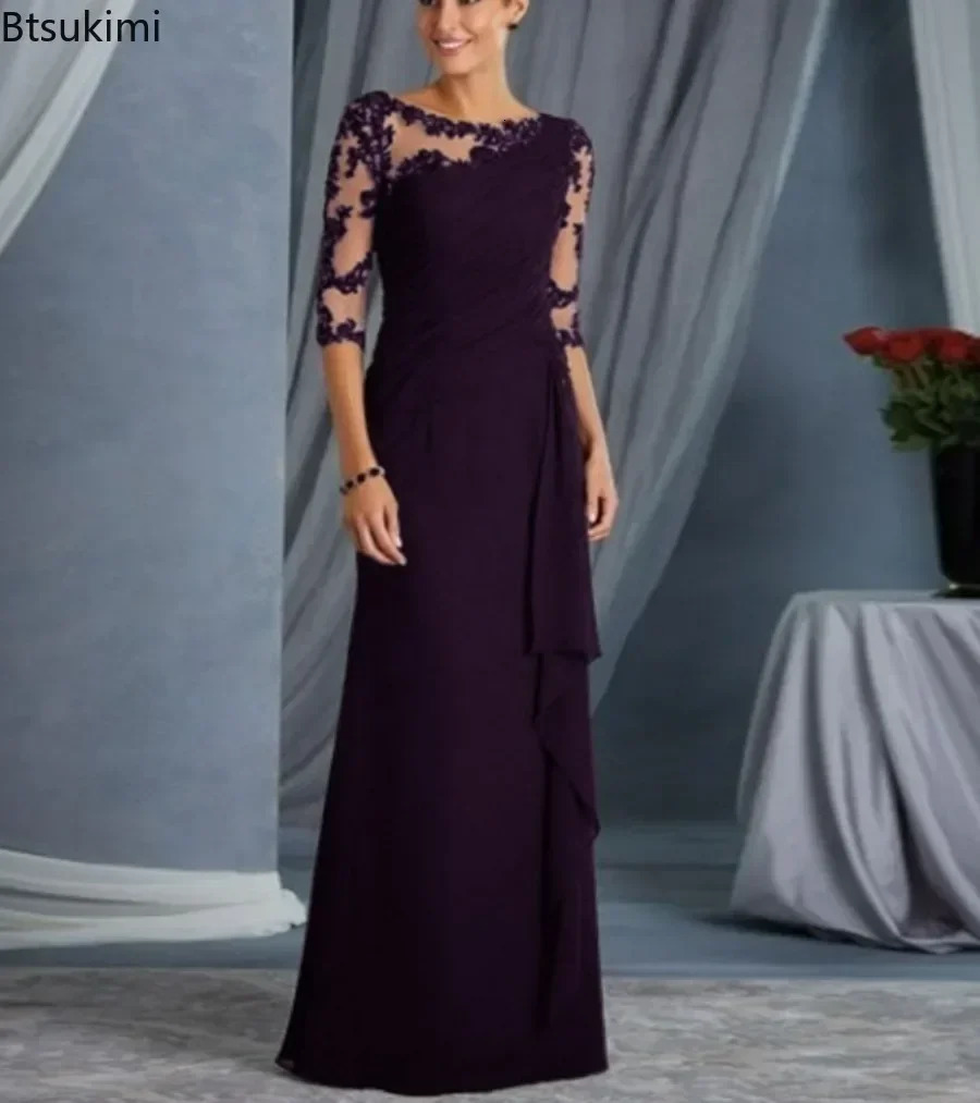 Womens Elegant Lace Long Dress Solid Half Sleeve Perspective Round Neck Mid Sleeve Party Wedding Club Dress Womens Robe 250103