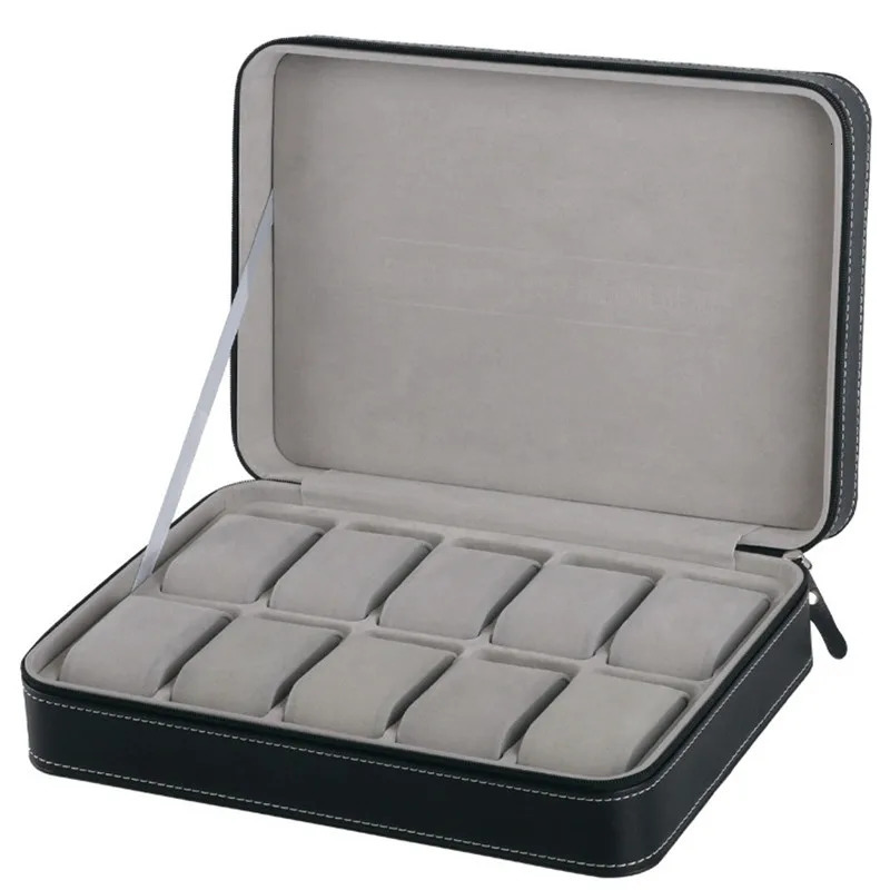 Fashion 10 Slot Black Watch Box 28 * 20 * 7.5CM Portable Leather Zipper Watch Display Box Watch Storage Organizer Stand 250102