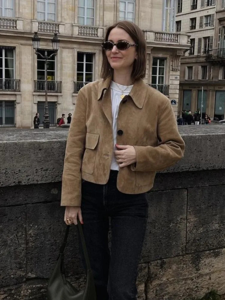 Vintage Suede Jacket Coat Turndown Collar Maillard Leather Short Coats Loose Casual Minimalism Commute Long Sleeve Women Clothes 250103