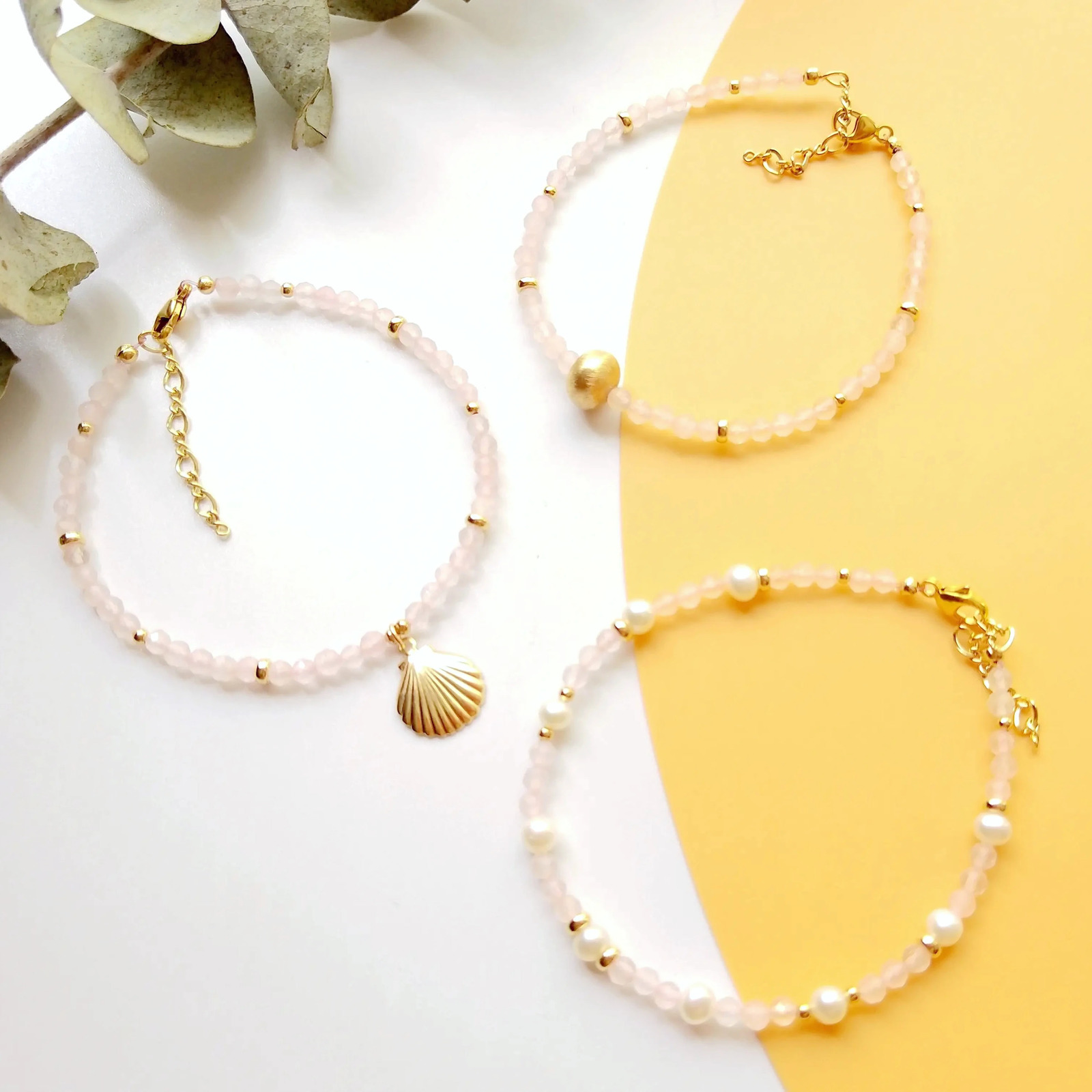 Lili Ji Rose Quartz Natural Stone 2-6mm US 14K Gold Plated Charm Bracelet Handmade Jewelry 250102