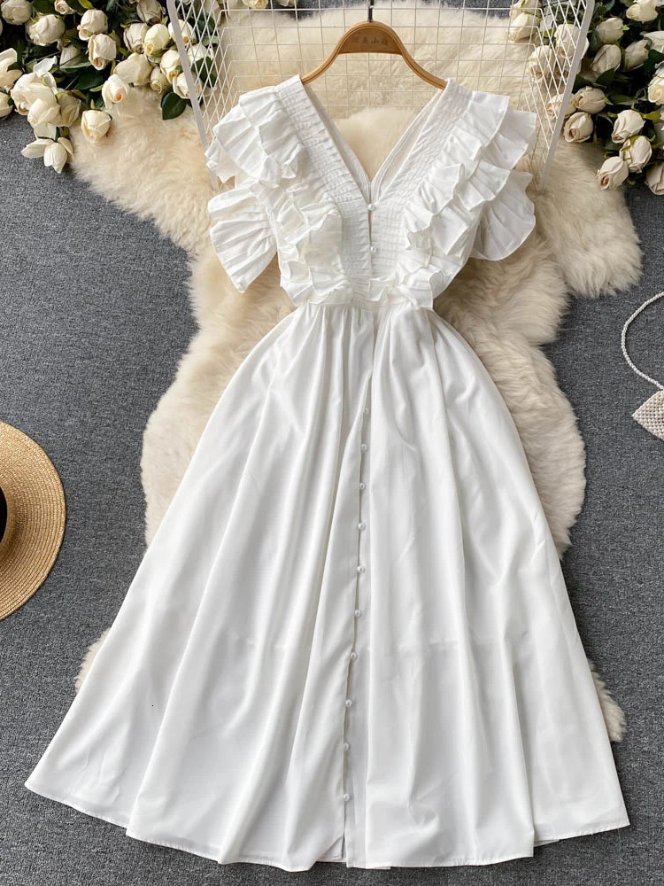 XFPV Women Vintage Pleat Ruffles Mid Length High Waist Dresses V-Neck Sleeveless Temperament Vestidos Spring Summer 2025 SM10095 250103