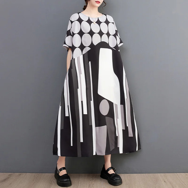 Wxw0122 Printed A-line Dress Womens O-neck Long T-shirt Dress Short Sleeve Casual Retro Midi Dress Womens Retro Womens Dress 250103