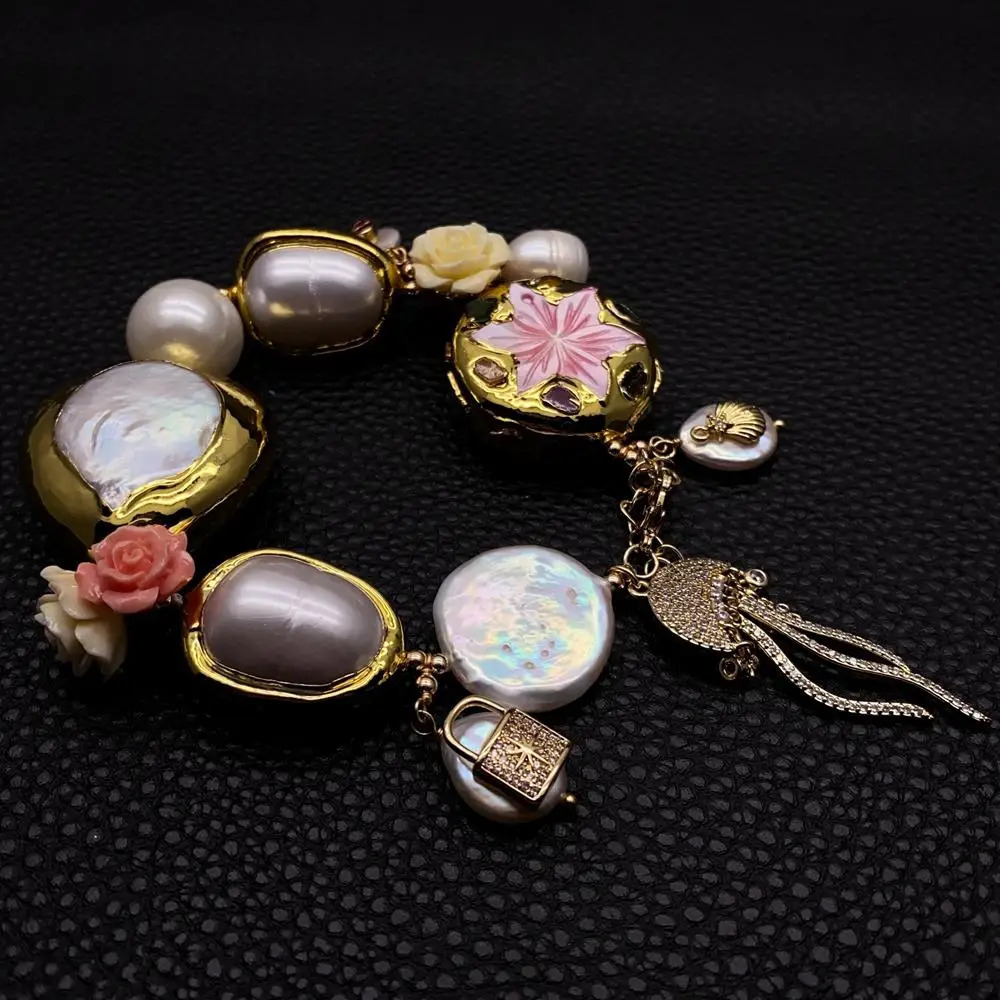 YYGEM Shell Pearl Flower Culture White Pearl Charm Bracelet Handmade Fashion Jewelry 250102