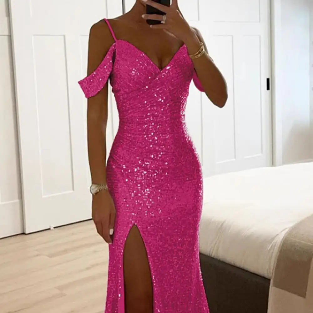 Women Sequin Suspender Dress Long Elegant Ball Gown for Prom Wedding Parties Off Shoulder V Neck Maxi Banquets 250103