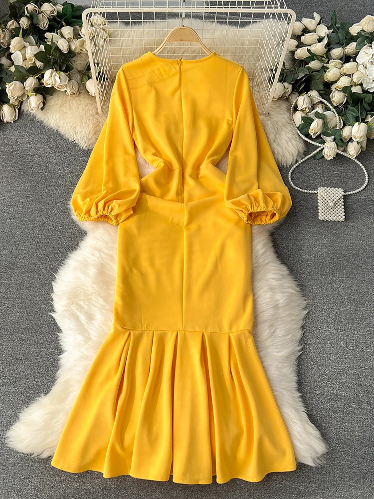 XFPV Women V-neck Solid Color Dress Puff Long Sleeve High Waist Casual Fashion Elegant Vestidos Autumn Winter 2025 SM9462 250103
