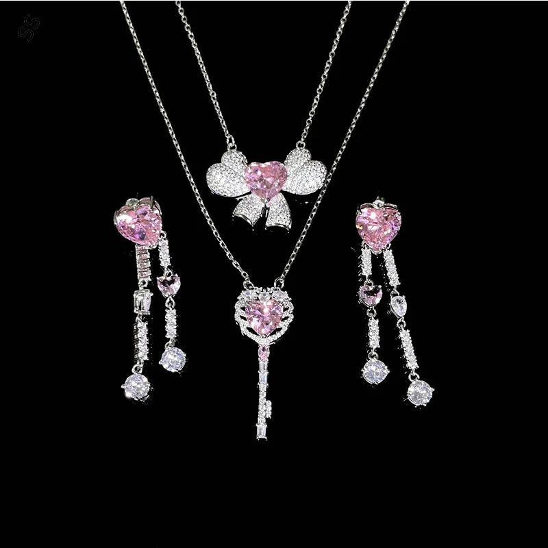 Romantic Shiny Pink Gems Zircon Jewelry Accessories Sweet Girl Necessary Sets Daily Wear Necklace Earring Open Ring for Date 250102
