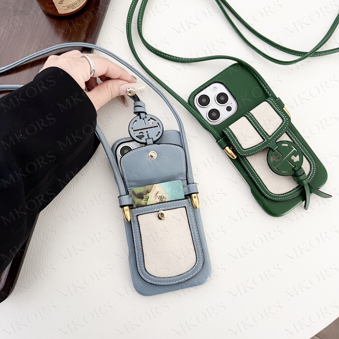 Classic Dsignr T-B Phon Cas for iPhon 16 15 Plus 14 13 12 11 Pro Max Lathr Card Slot Pockt Holdr Storag Shouldr Nck Strap Covr Ladis Girls