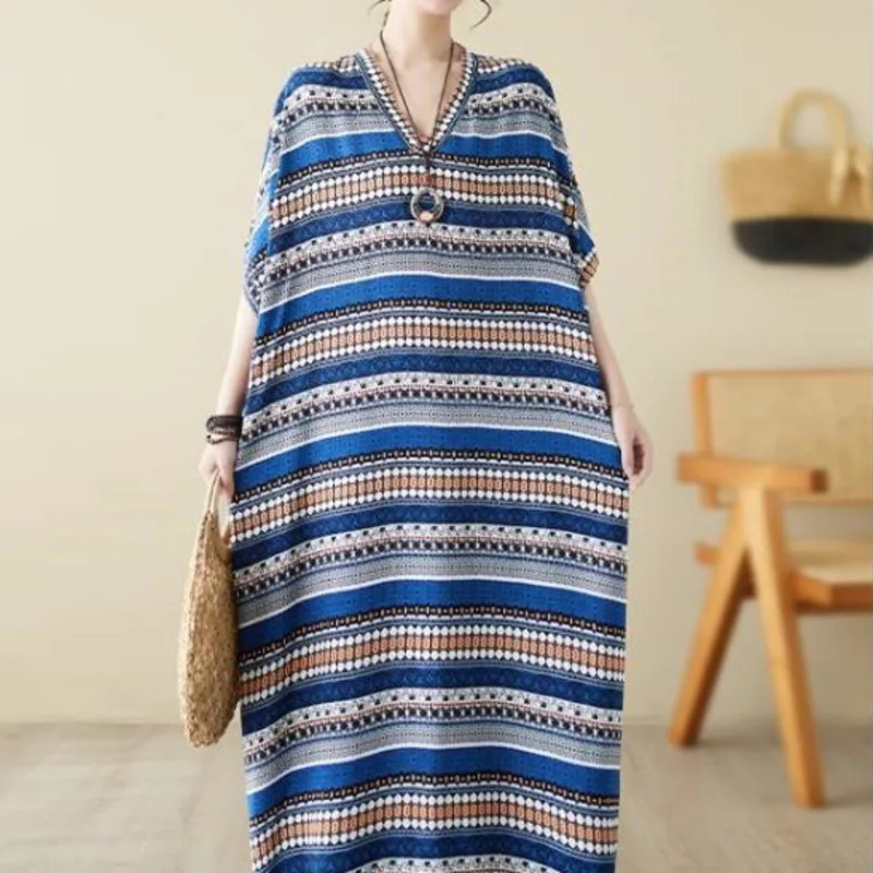 Wxw0212 striped printed long skirt womens short sleeved summer retro floor long skirt pocket loose thin beach vest retro sexy 250103