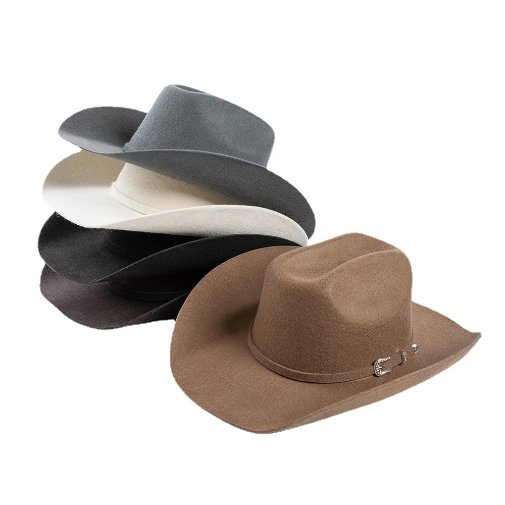 100% Wool Concave Shape Top Hat Fashion Belt Buckle Decorative Woolen Curling Wide Brim Fedora Hat Unisex Western Cowboy Hat 250103