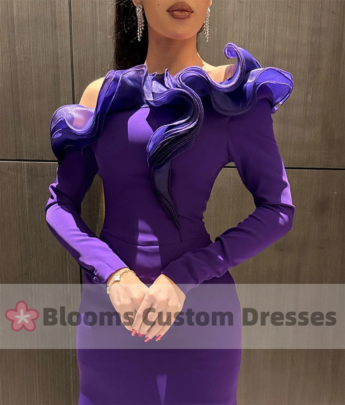Blooms Purple Shoulder Long Sleeve Customized Evening Dress Used for Special Occasion Ruffle Party Dress Post Train Ball Dress 250103