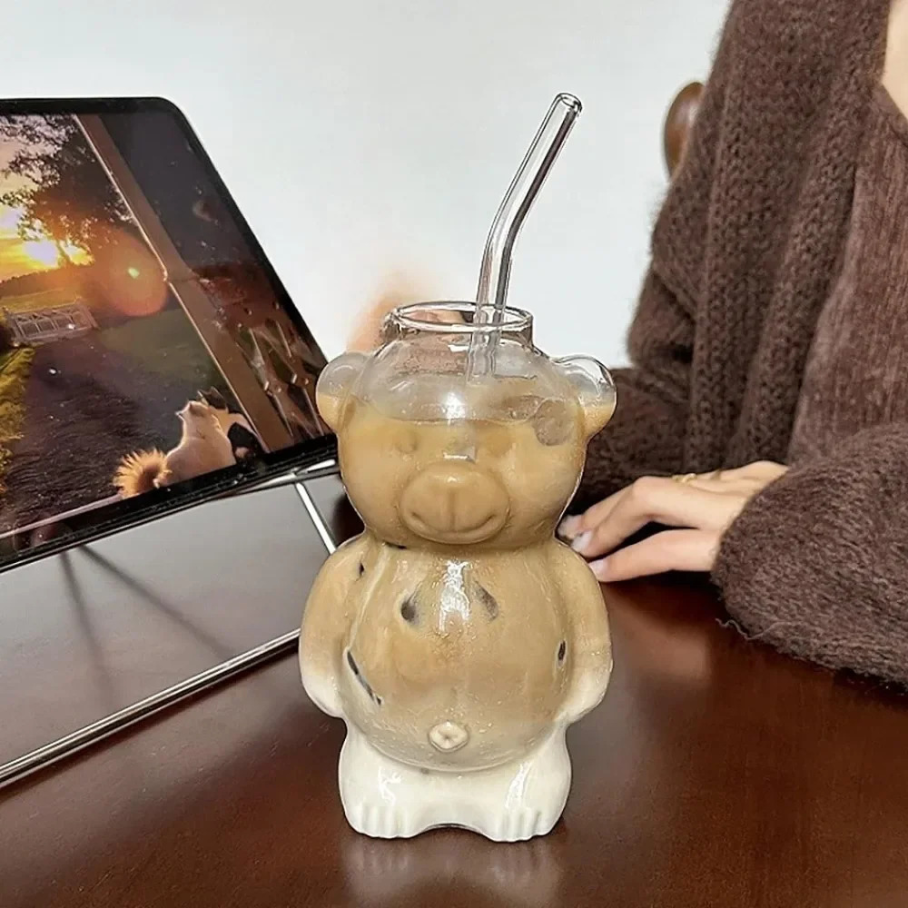 320ML Creative Cute Bear Coffee Mug with Straw Transparent Cup Beer Milk Water Cups Wholesale Glass Drinkware Set 241226